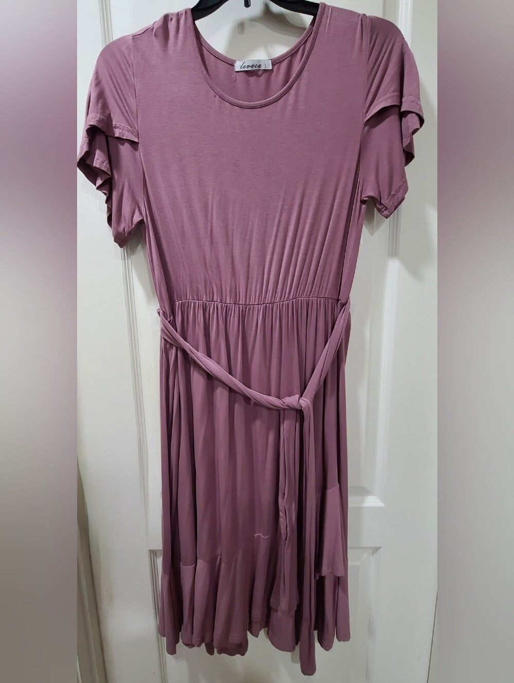 Levaca Plain Casual Flowy Short Sleeve Midi Dress with Belt Mauve/Purple